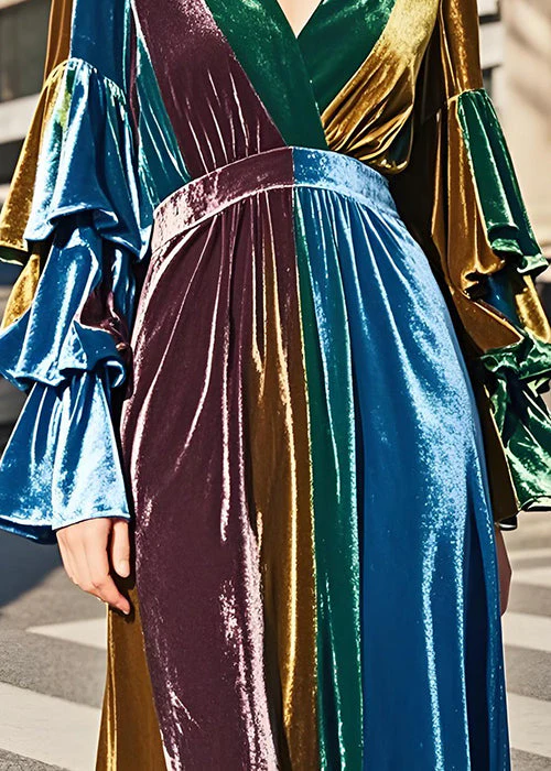 New Colorblock V Neck Patchwork Velvet Long Dress Butterfly Sleeve - Image 5