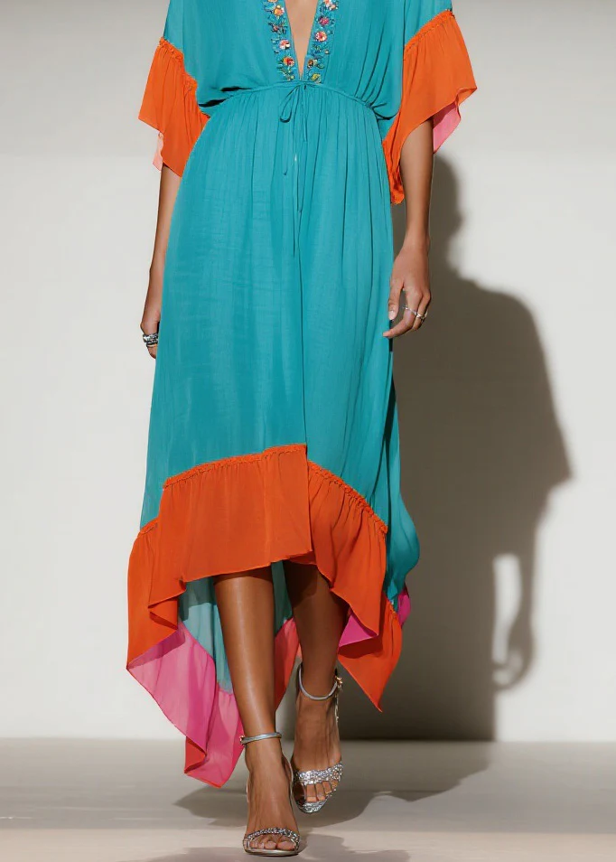 New Colorblock V Neck Print Patchwork Chiffon Dress Summer - Image 4