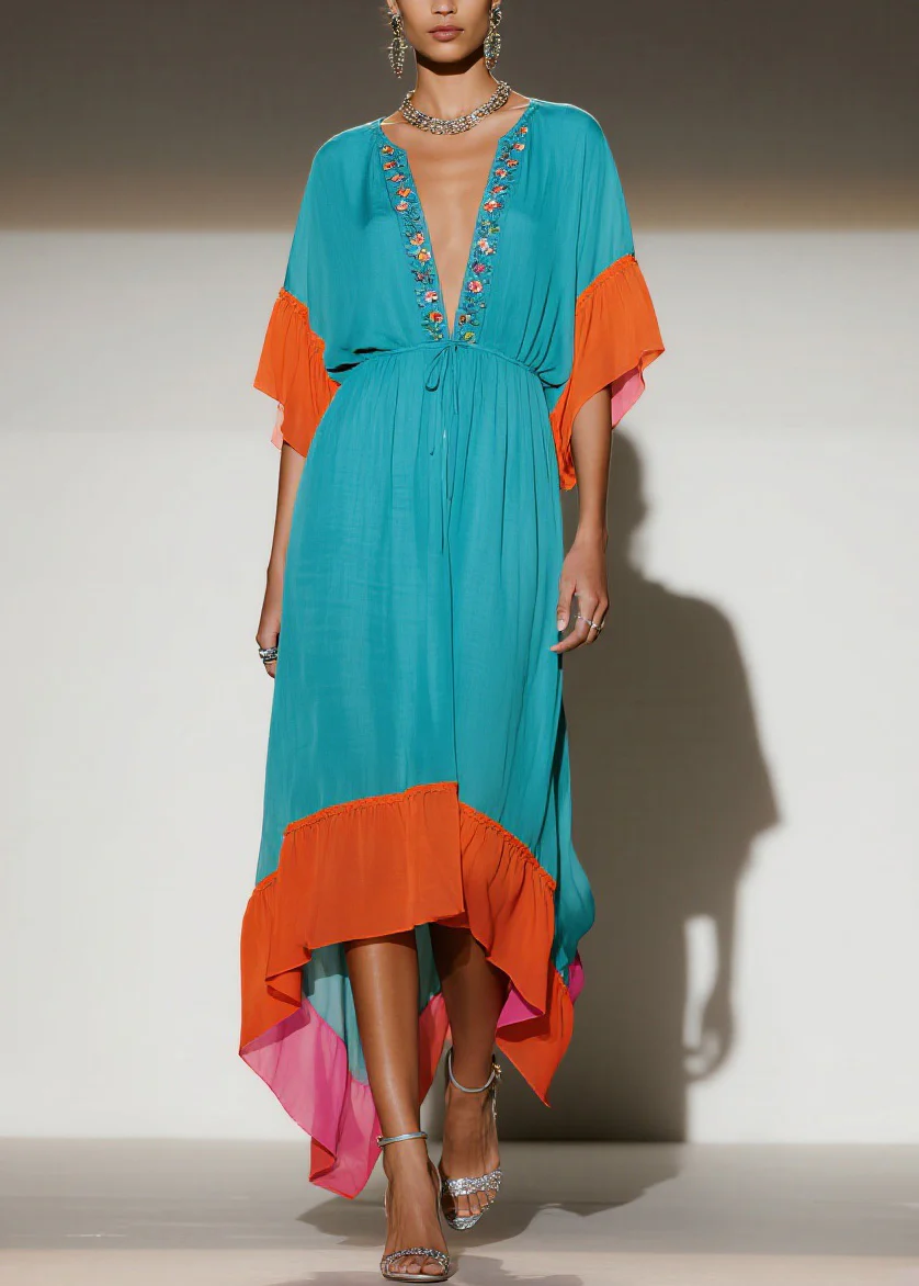 New Colorblock V Neck Print Patchwork Chiffon Dress Summer - Image 5