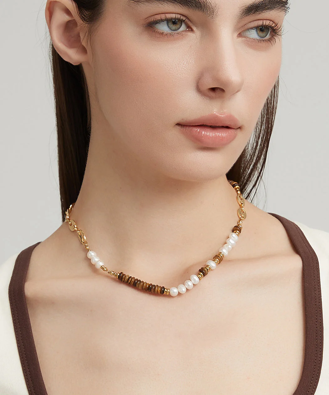 New ColorblockC Stainless Steel Tiger's Eye Patchwork Pearl Gratuated Bead Necklace - Image 2