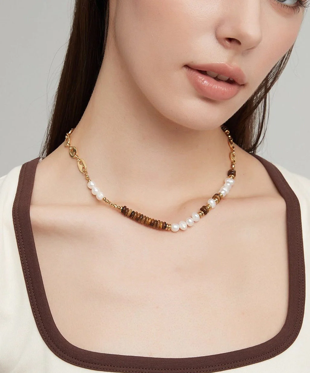 New ColorblockC Stainless Steel Tiger's Eye Patchwork Pearl Gratuated Bead Necklace - Image 3