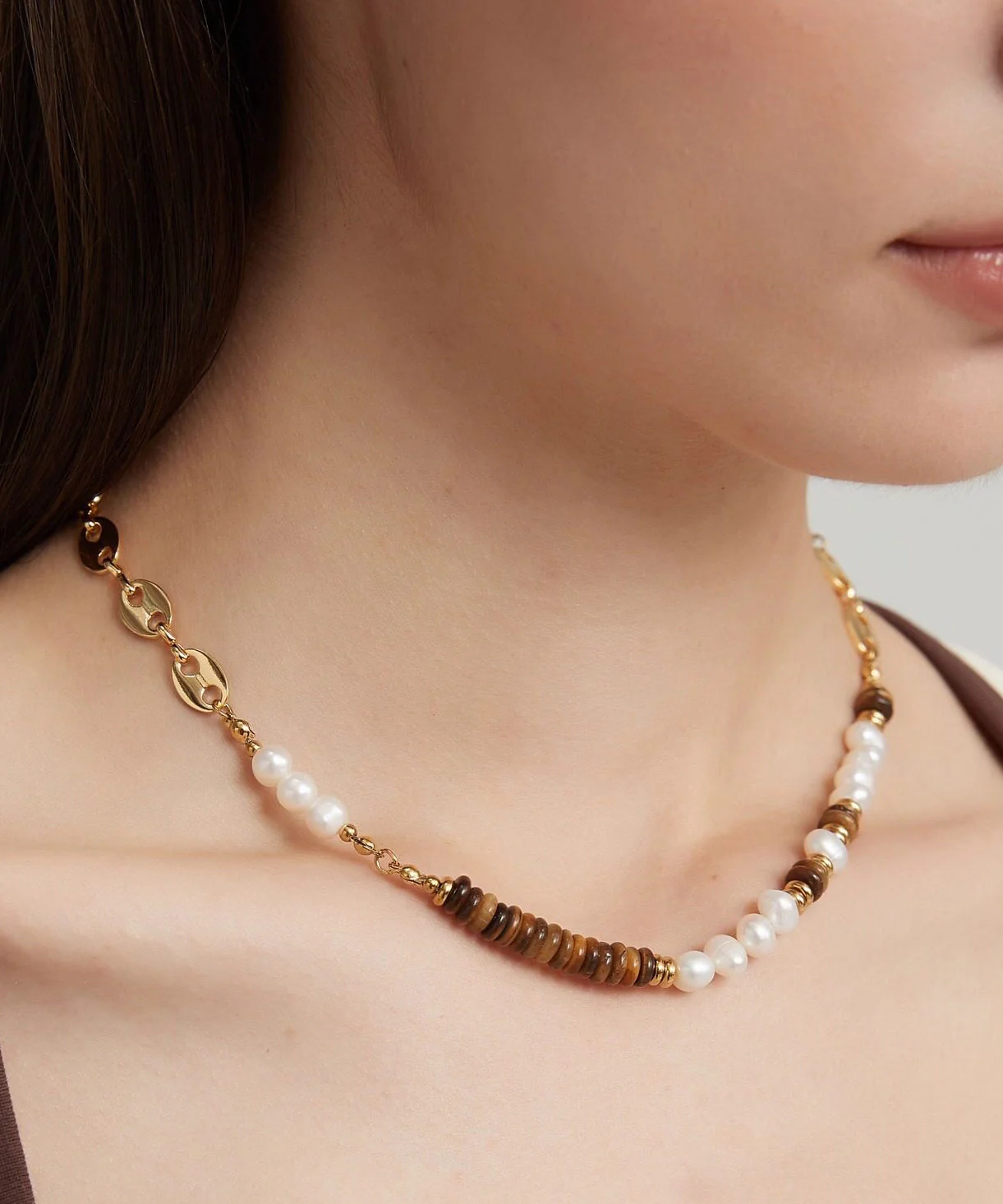 New ColorblockC Stainless Steel Tiger's Eye Patchwork Pearl Gratuated Bead Necklace - Image 4
