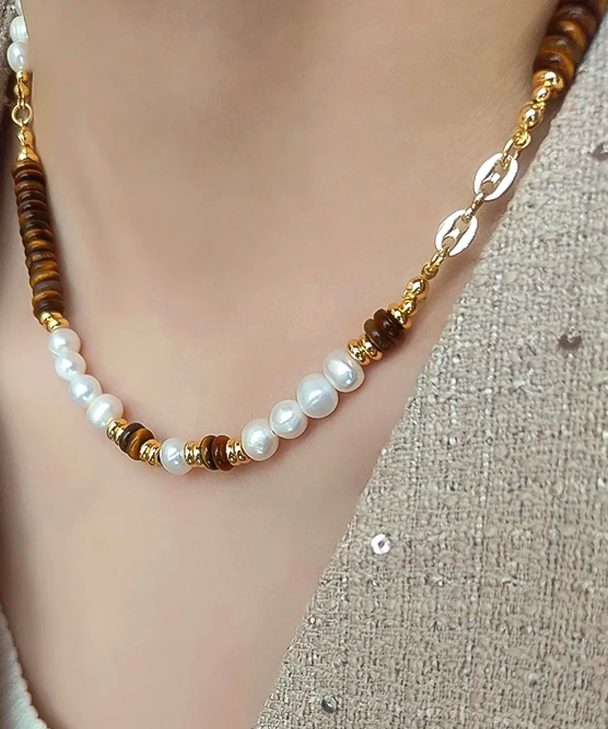 New ColorblockC Stainless Steel Tiger's Eye Patchwork Pearl Gratuated Bead Necklace - Image 5