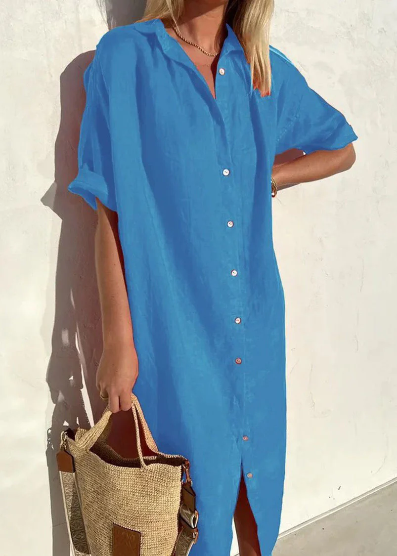 New Dark Grey Peter Pan Collar Button Cotton Blouse Dress Summer - Image 5