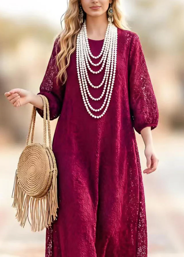 New Dark Purple O Neck Hollow Out Lace Dresses Summer - Image 2