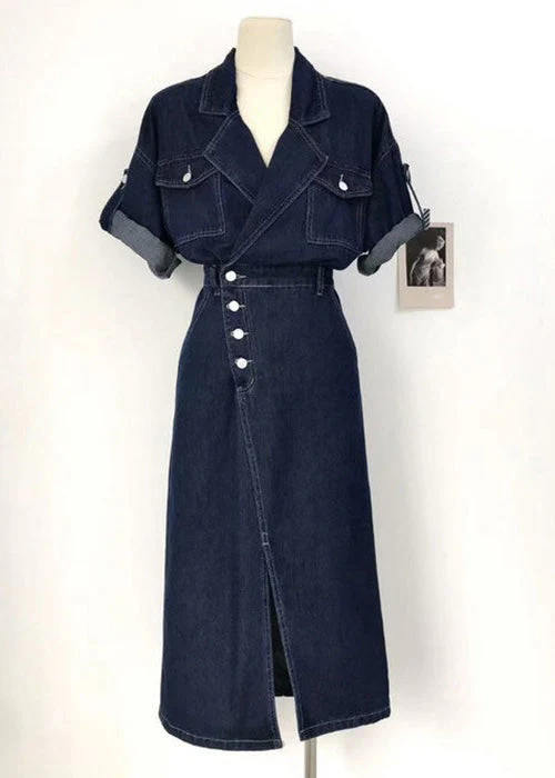 New Denim Blue Button Side Open Denim Dress Summer
