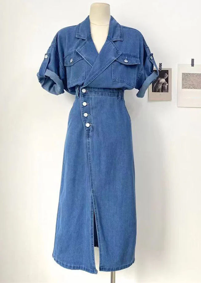 New Denim Blue Button Side Open Denim Dress Summer - Image 2