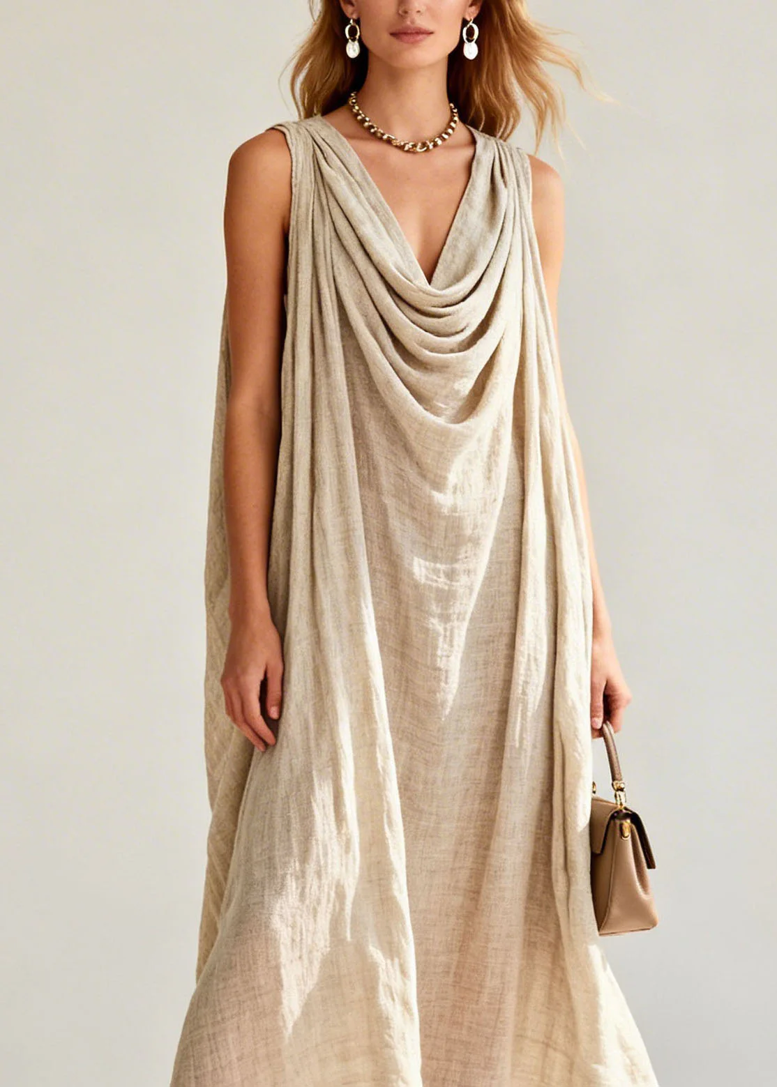 New Draped Neckline Floral Patchwork Linen Long Dresses Sleeveless - Image 2