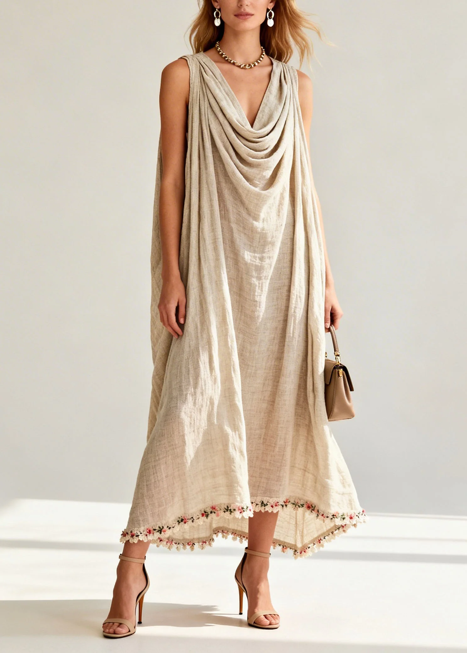 New Draped Neckline Floral Patchwork Linen Long Dresses Sleeveless - Image 5
