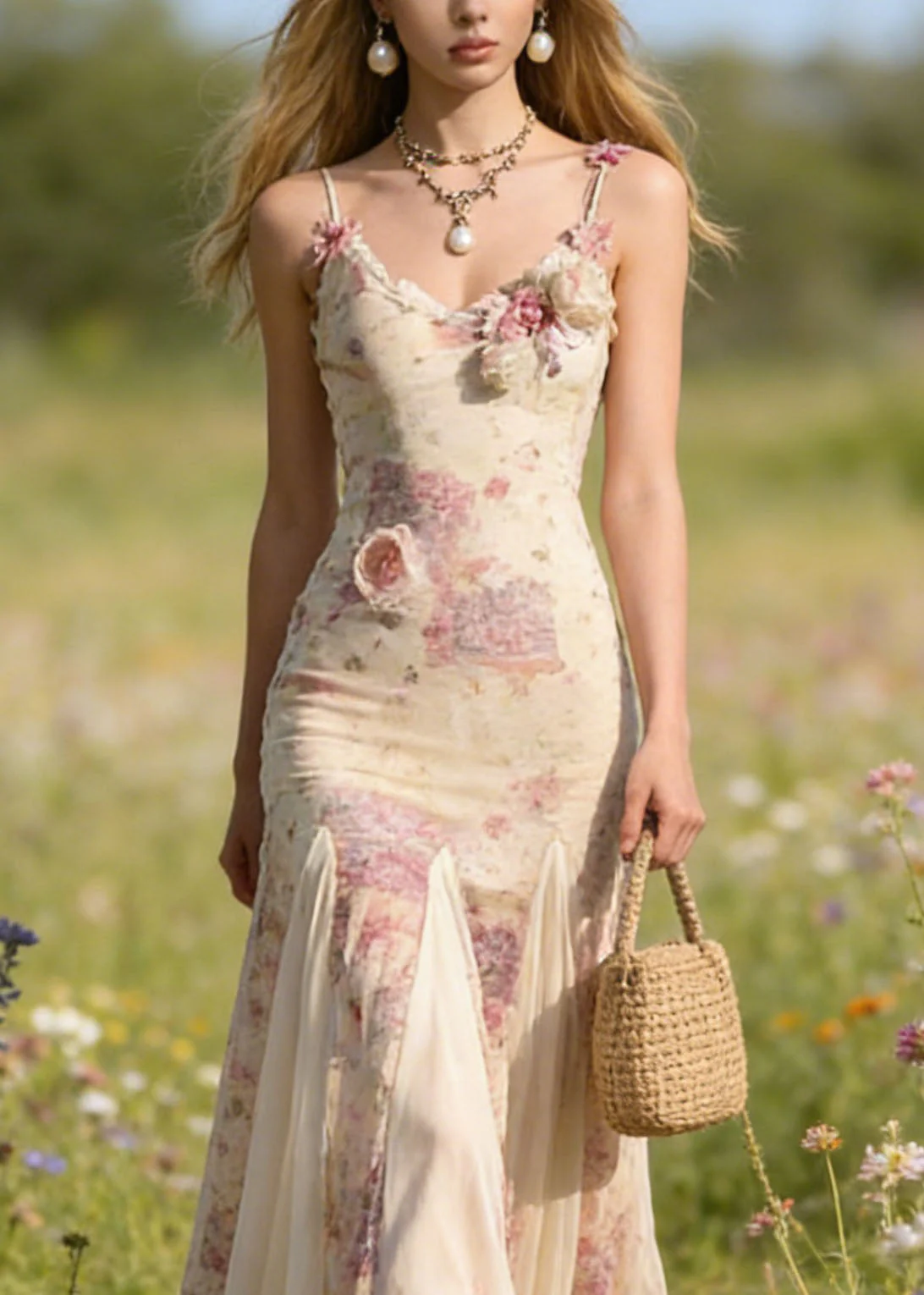 New Floral Patchwork Tulle Spaghetti Strap Dress Summer - Image 3