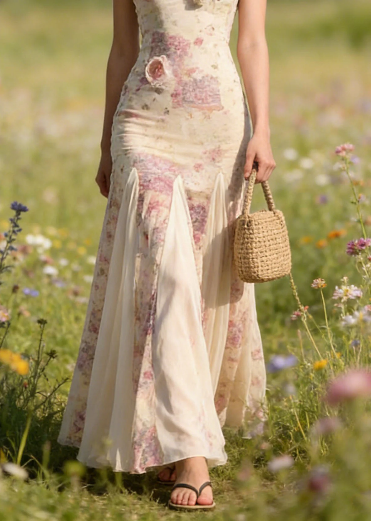 New Floral Patchwork Tulle Spaghetti Strap Dress Summer - Image 4