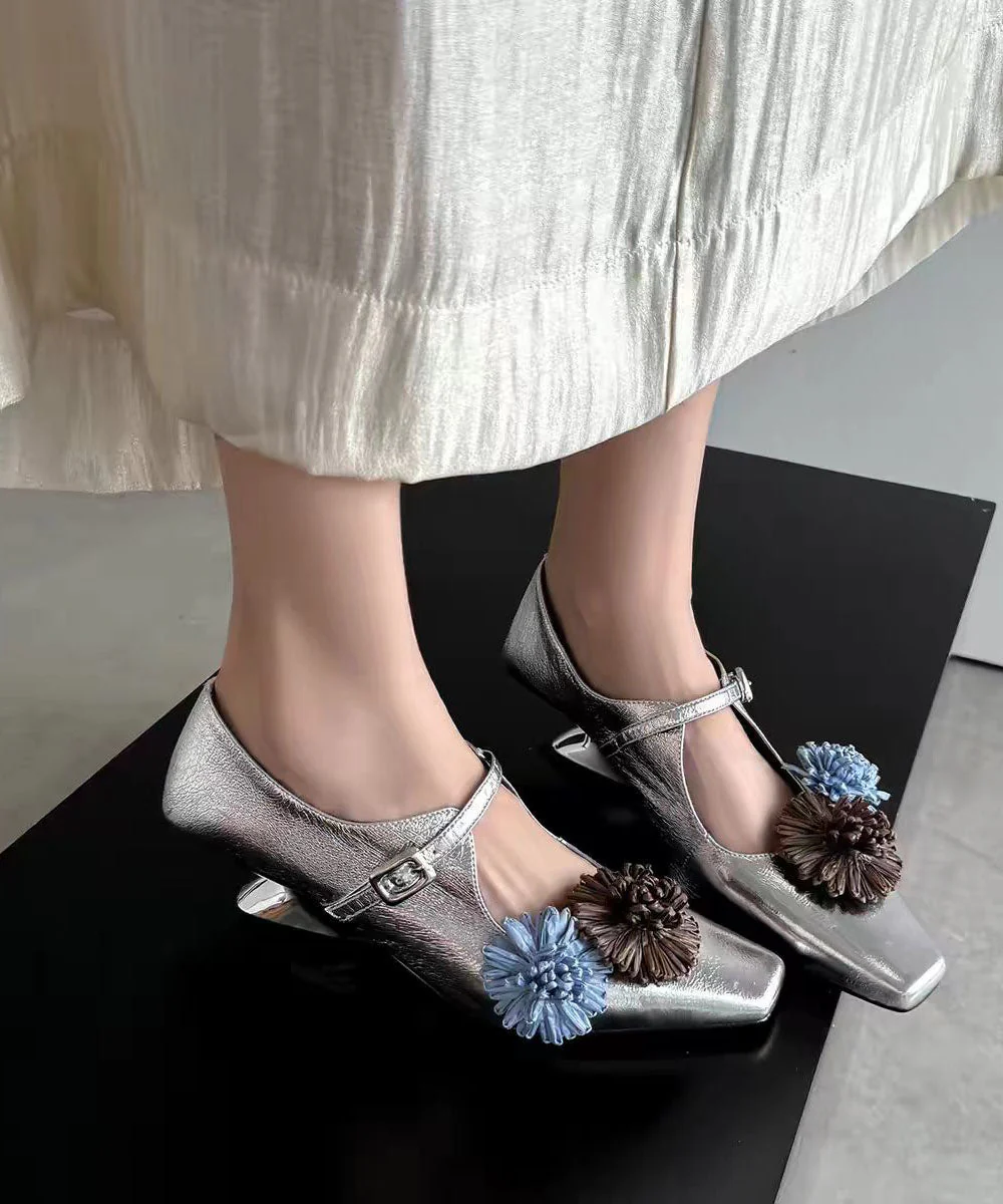 New Floral Splicing Wedge Heels Shoes Silver Faux Leather