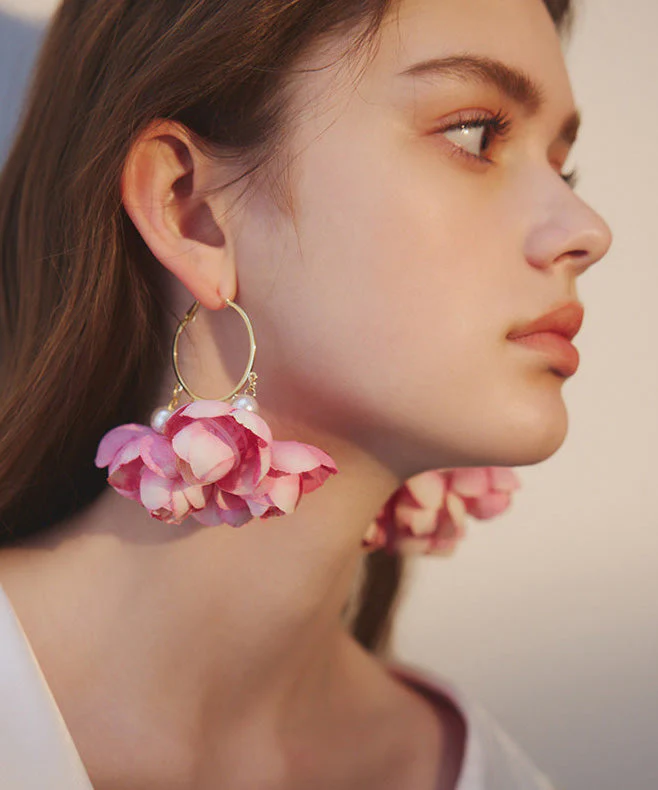 New French Rose Pink Flower Hoop Earrings - Image 3