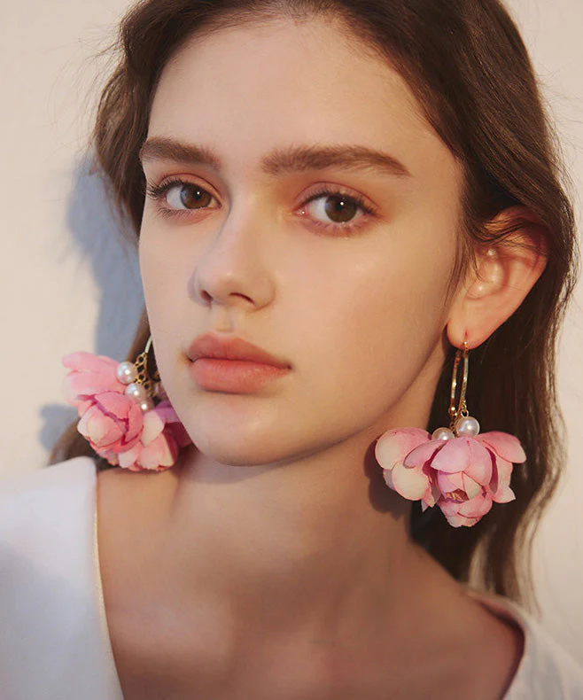 New French Rose Pink Flower Hoop Earrings - Image 4