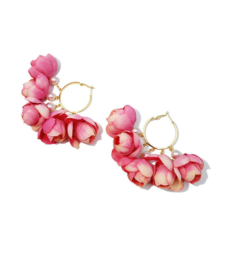 New French Rose Pink Flower Hoop Earrings - Image 5