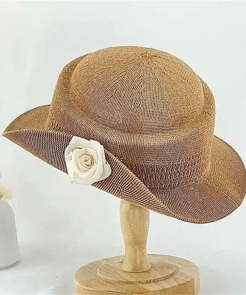 New French Style Khaki Rose Straw Woven Cloche Hat - Image 4