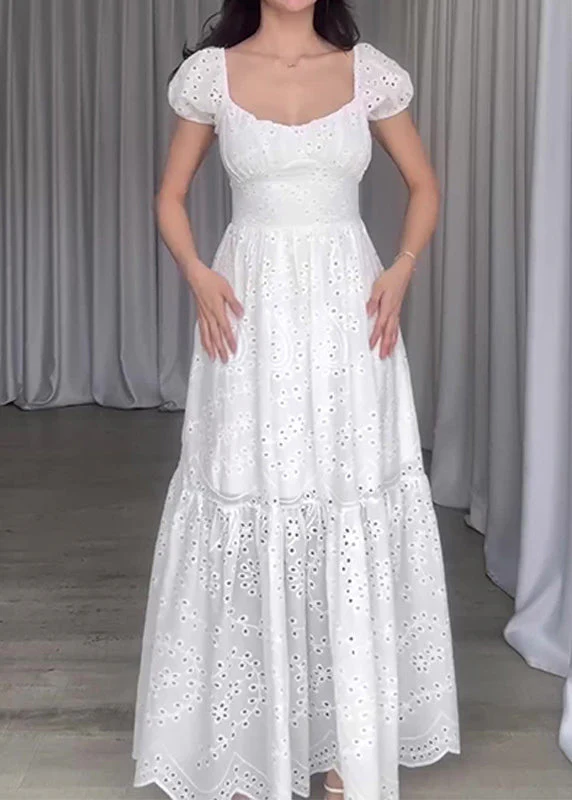 New French White Square Neck Hollow Out Long Dress Puff Sleeve - Image 2