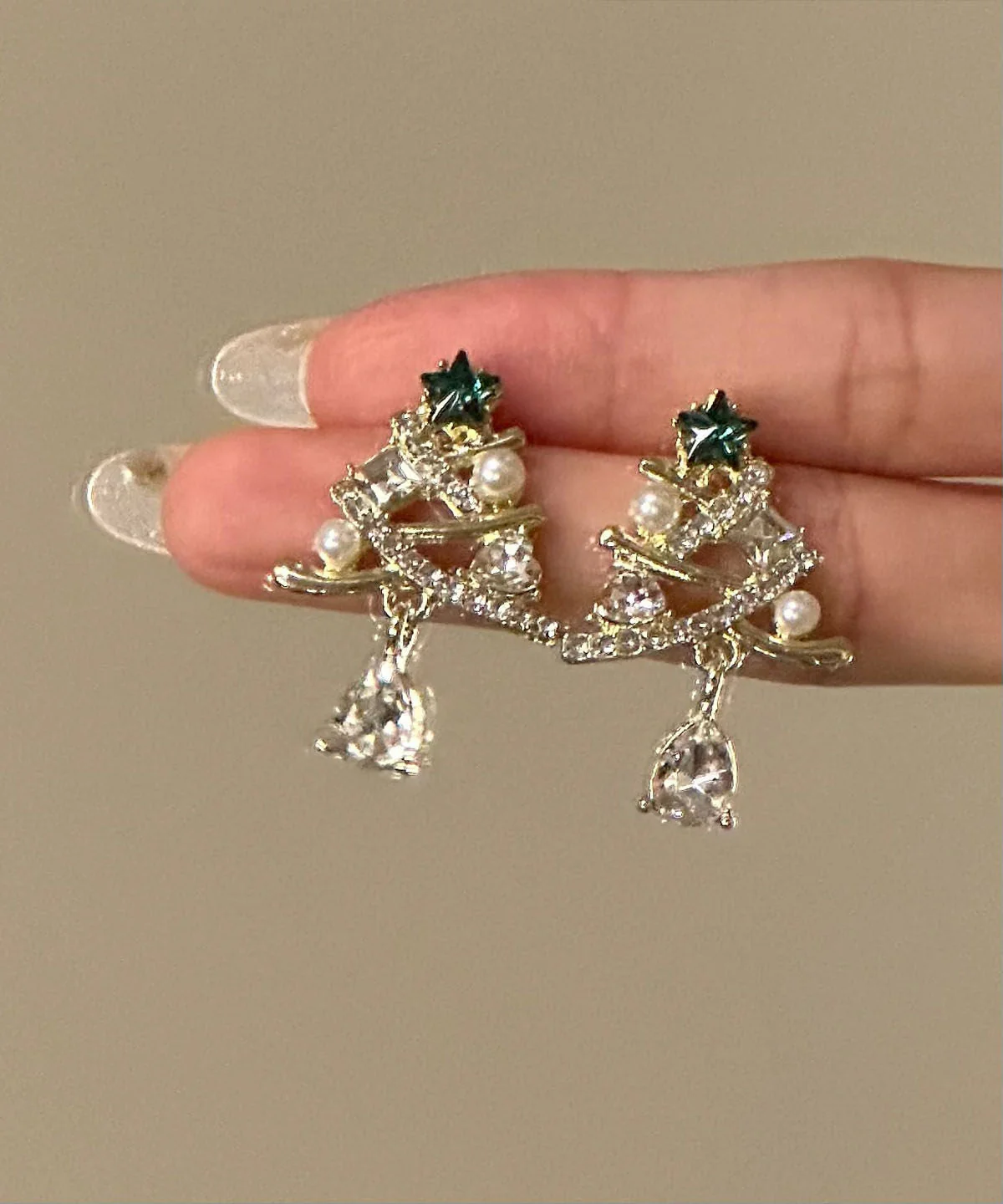 New Gold Copper Alloy Zircon Christmas Tree Water Droplet Drop Earrings - Image 2