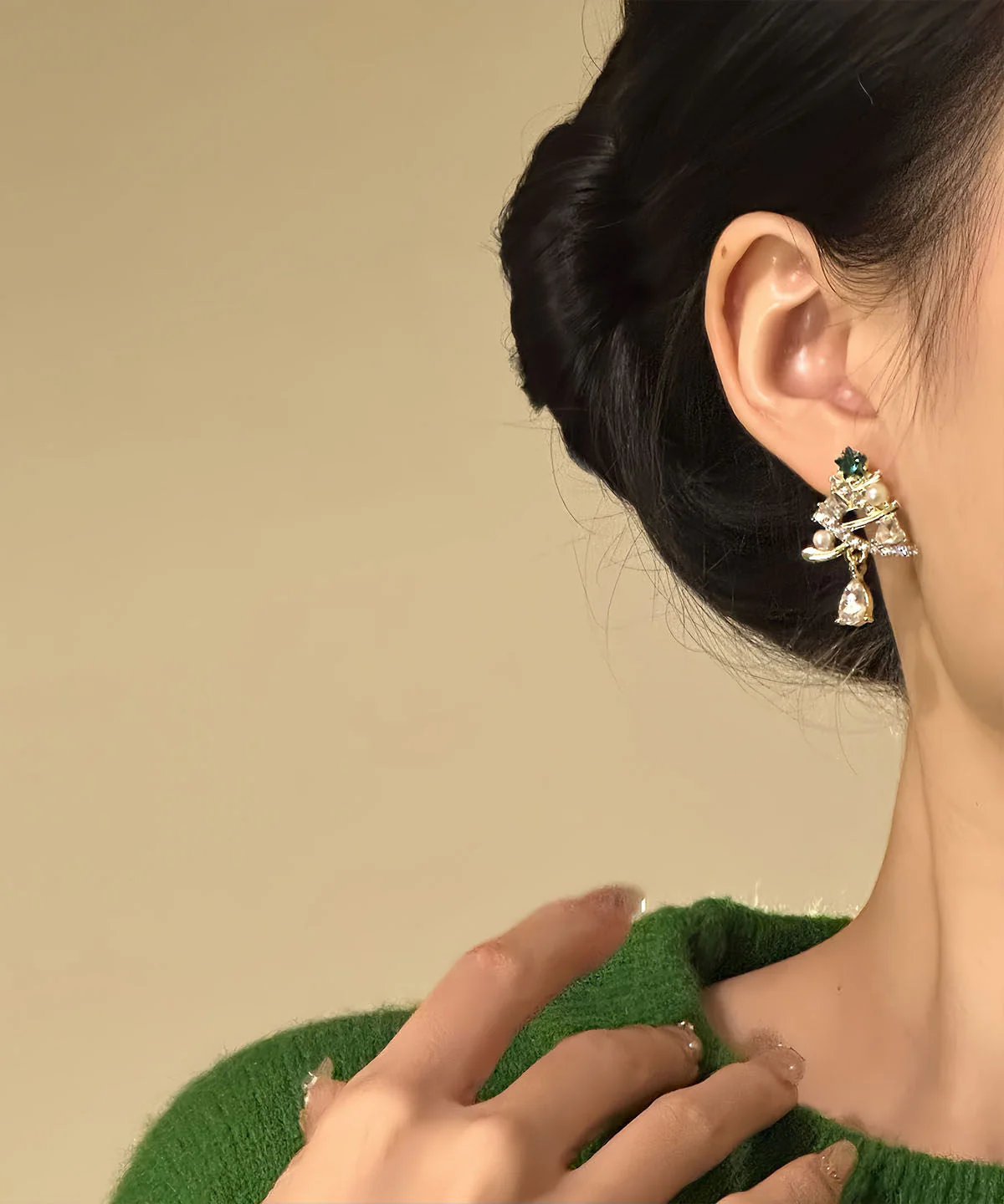 New Gold Copper Alloy Zircon Christmas Tree Water Droplet Drop Earrings - Image 5