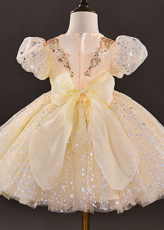 New Gold Sequins Wrinkled Bow Patchwork Tulle Kids Girls Party Dress Summer - Image 2