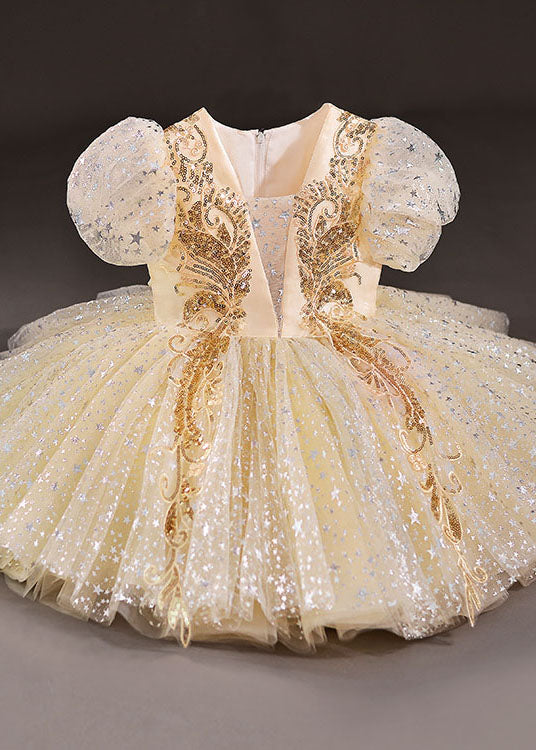 New Gold Sequins Wrinkled Bow Patchwork Tulle Kids Girls Party Dress Summer - Image 3