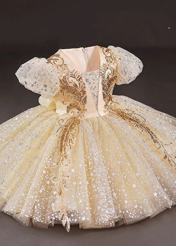 New Gold Sequins Wrinkled Bow Patchwork Tulle Kids Girls Party Dress Summer - Image 4