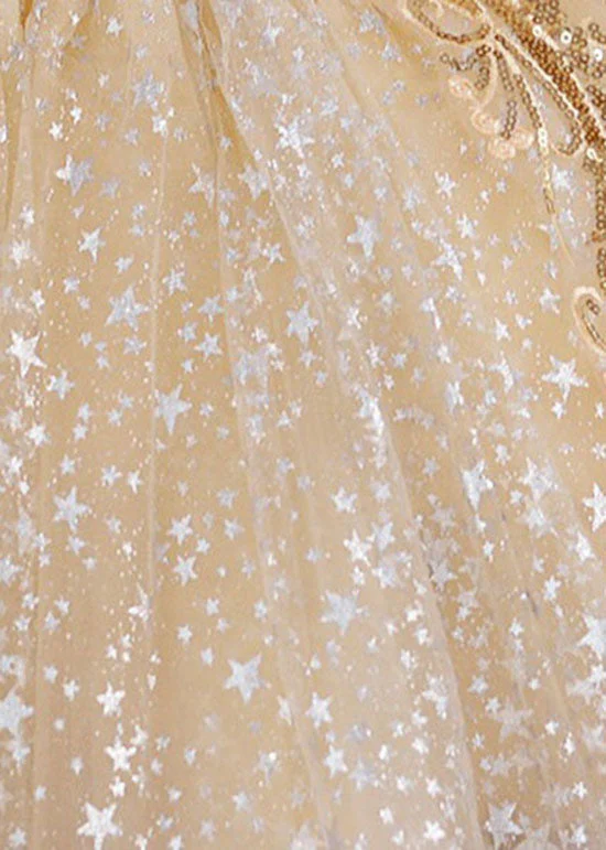 New Gold Sequins Wrinkled Bow Patchwork Tulle Kids Girls Party Dress Summer - Image 5