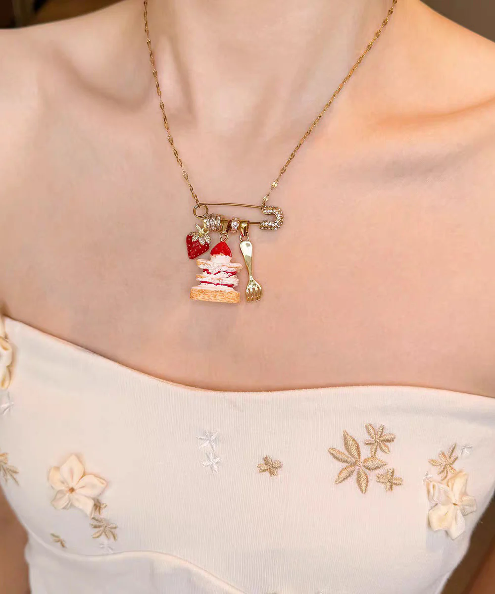 New Gold Sterling Silver Overgild Strawberry Cake Pendant Necklace - Image 3