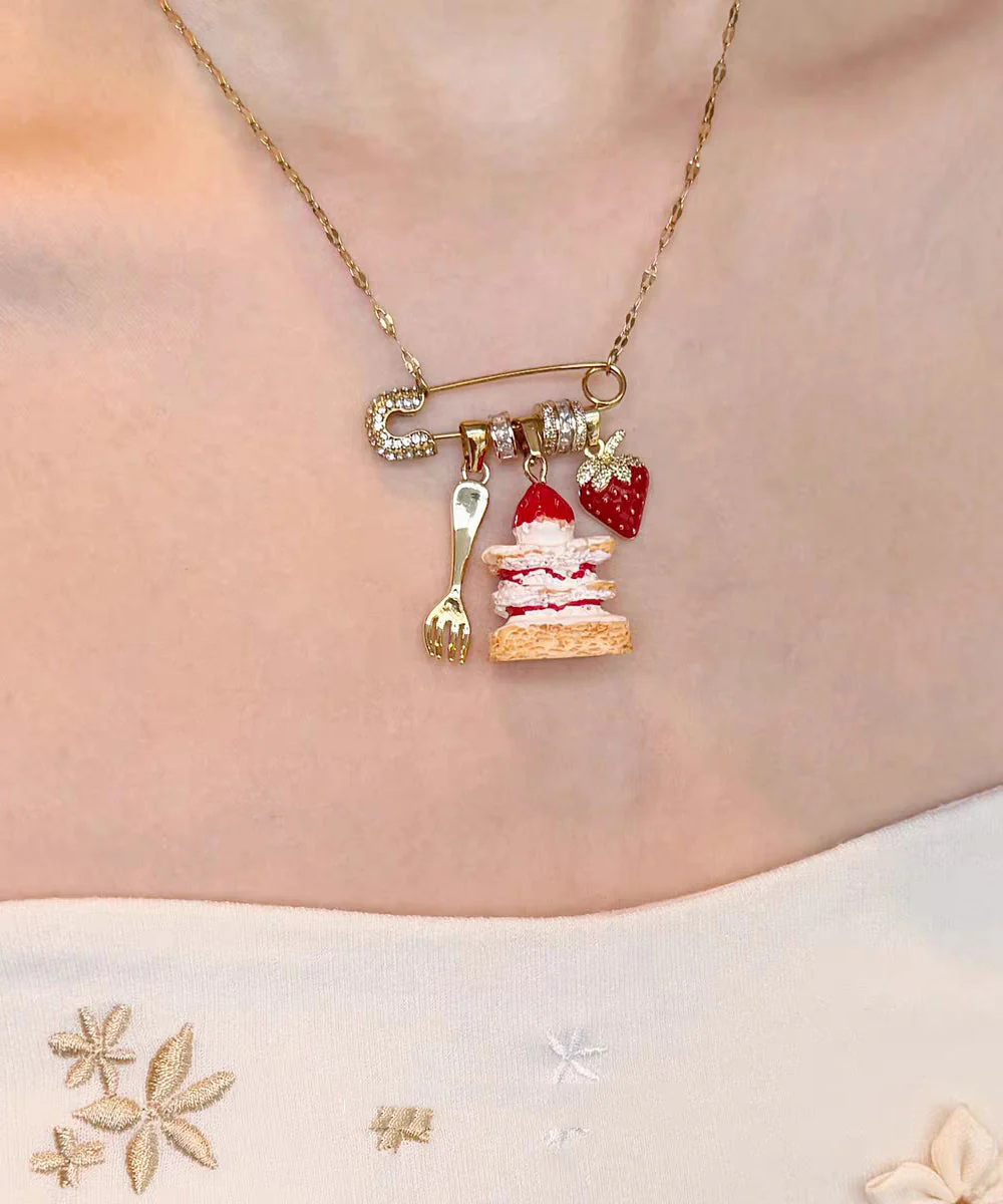New Gold Sterling Silver Overgild Strawberry Cake Pendant Necklace - Image 5