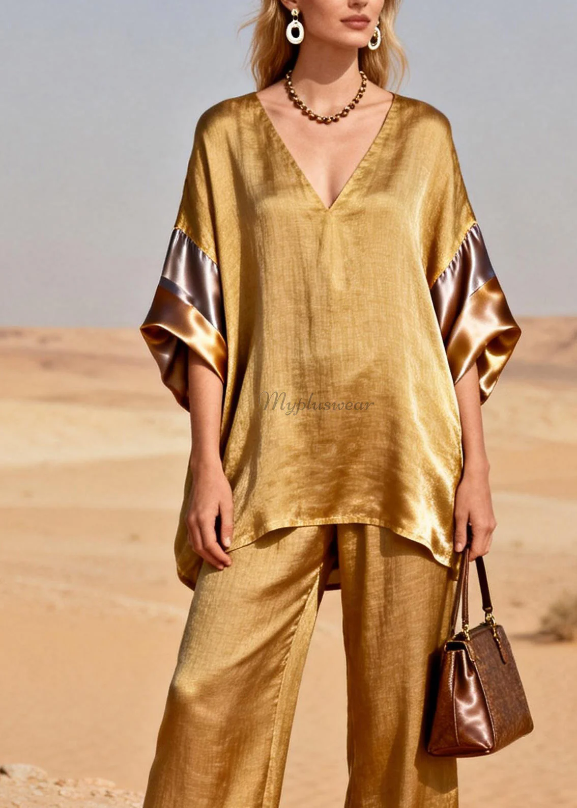 New Gold V Neck Patchwork Linen Silk Two Piece Suit Set Spring - Image 2