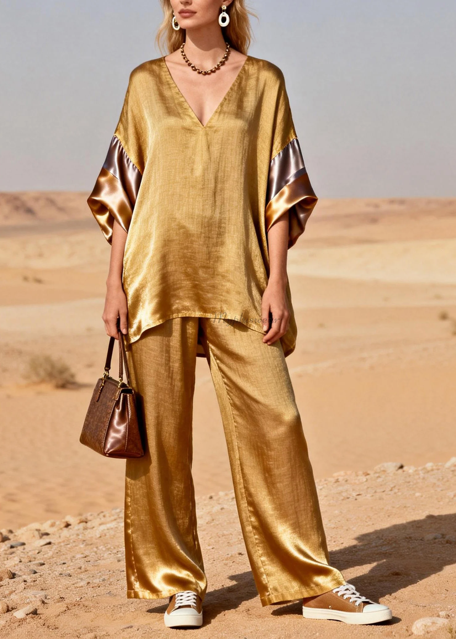 New Gold V Neck Patchwork Linen Silk Two Piece Suit Set Spring - Image 3