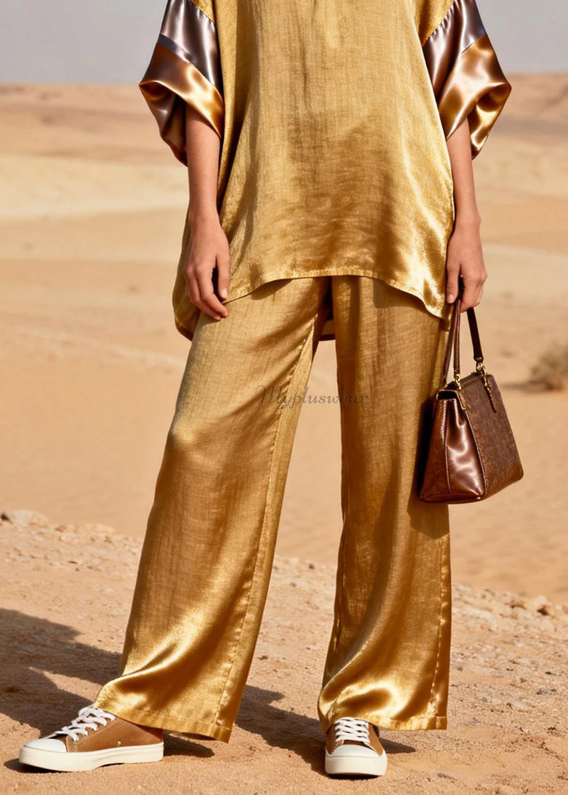 New Gold V Neck Patchwork Linen Silk Two Piece Suit Set Spring - Image 4
