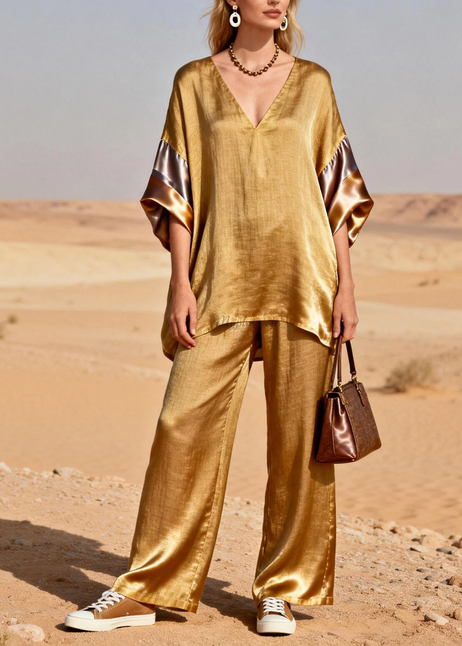 New Gold V Neck Patchwork Linen Silk Two Piece Suit Set Spring - Image 5