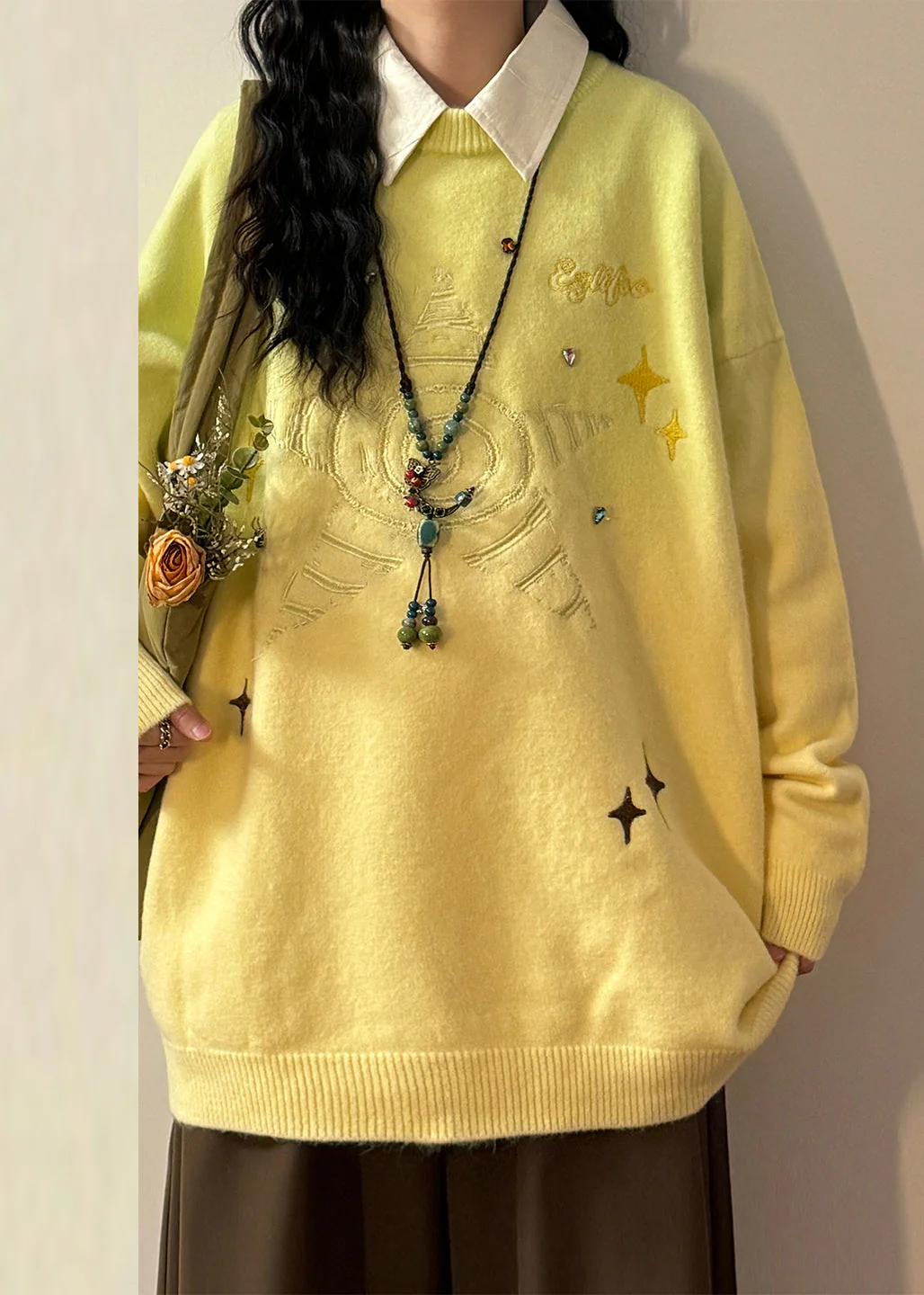 New Gradient Color Embroidered Cozy Knit Sweater Tops Spring - Image 3