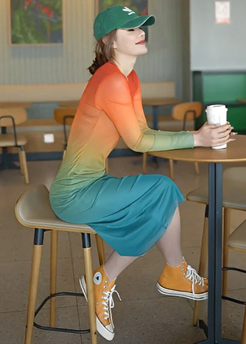 New Gradient Color O Neck Cotton Dress Long Sleeve - Image 2