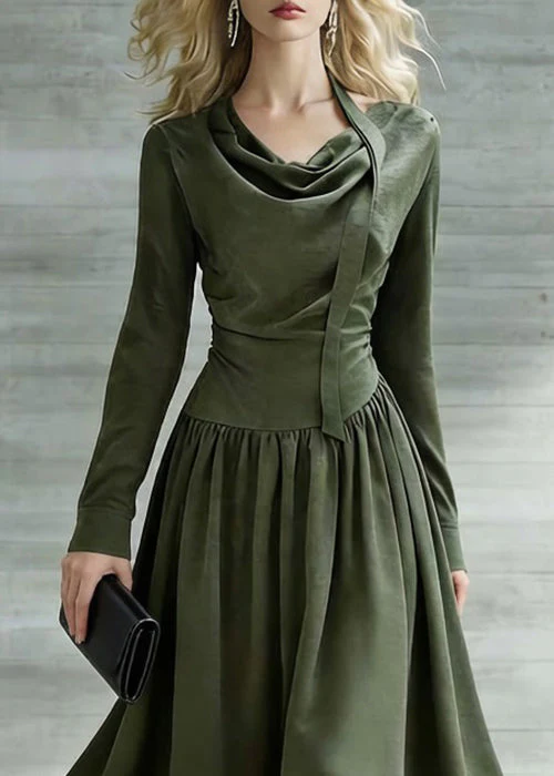 New Green Bow Wrinkled Solid Cotton Long Dresses Spring - Image 2