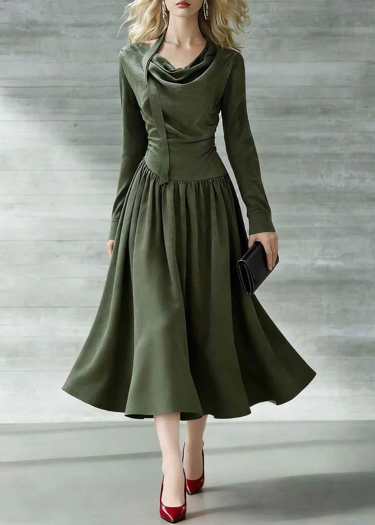 New Green Bow Wrinkled Solid Cotton Long Dresses Spring - Image 3