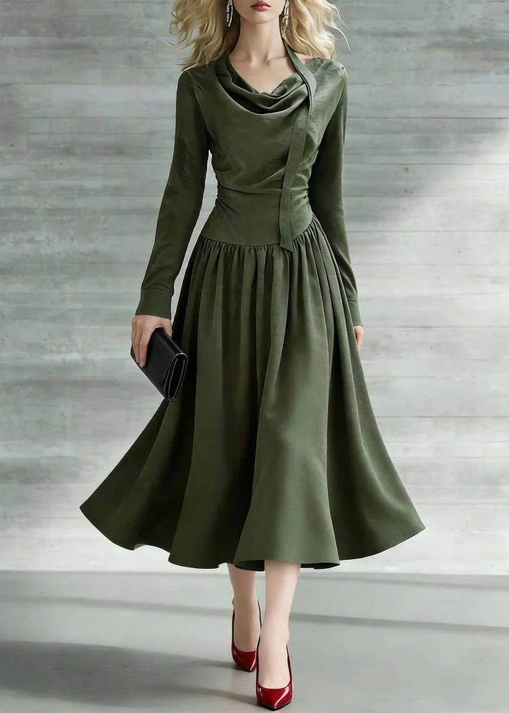 New Green Bow Wrinkled Solid Cotton Long Dresses Spring - Image 5