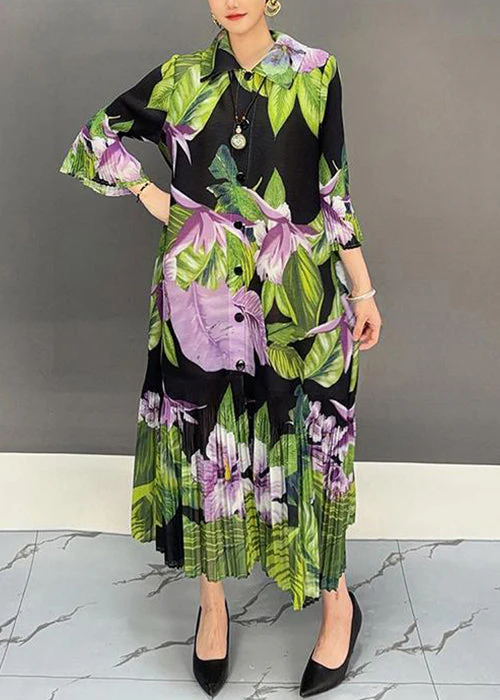 New Green Button Print Cotton Long Dress Bracelet Sleeve - Image 2