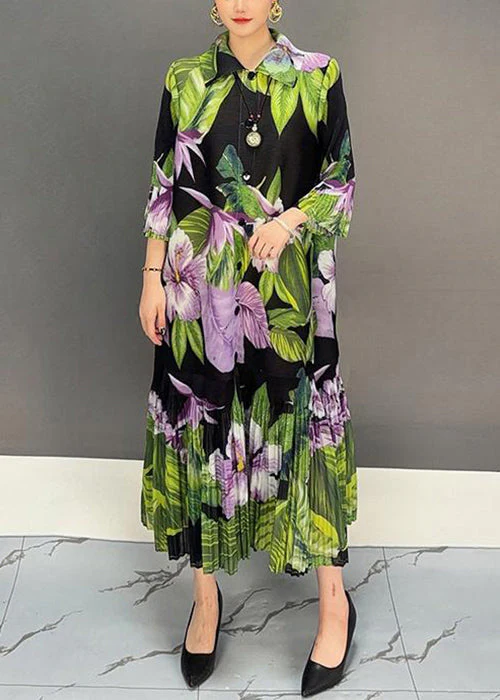 New Green Button Print Cotton Long Dress Bracelet Sleeve - Image 3