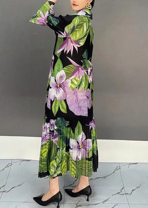 New Green Button Print Cotton Long Dress Bracelet Sleeve - Image 4