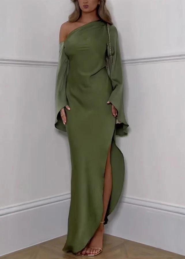 New Green Cold Shoulder Side Open Long Dresses Flare Sleeve - Image 2