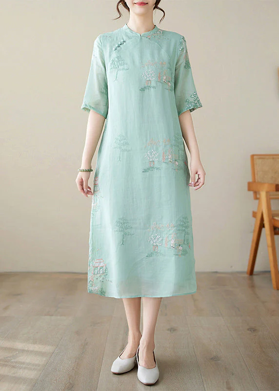 New Green Embroidered Side Open Cotton Dresses Half Sleeve - Image 2