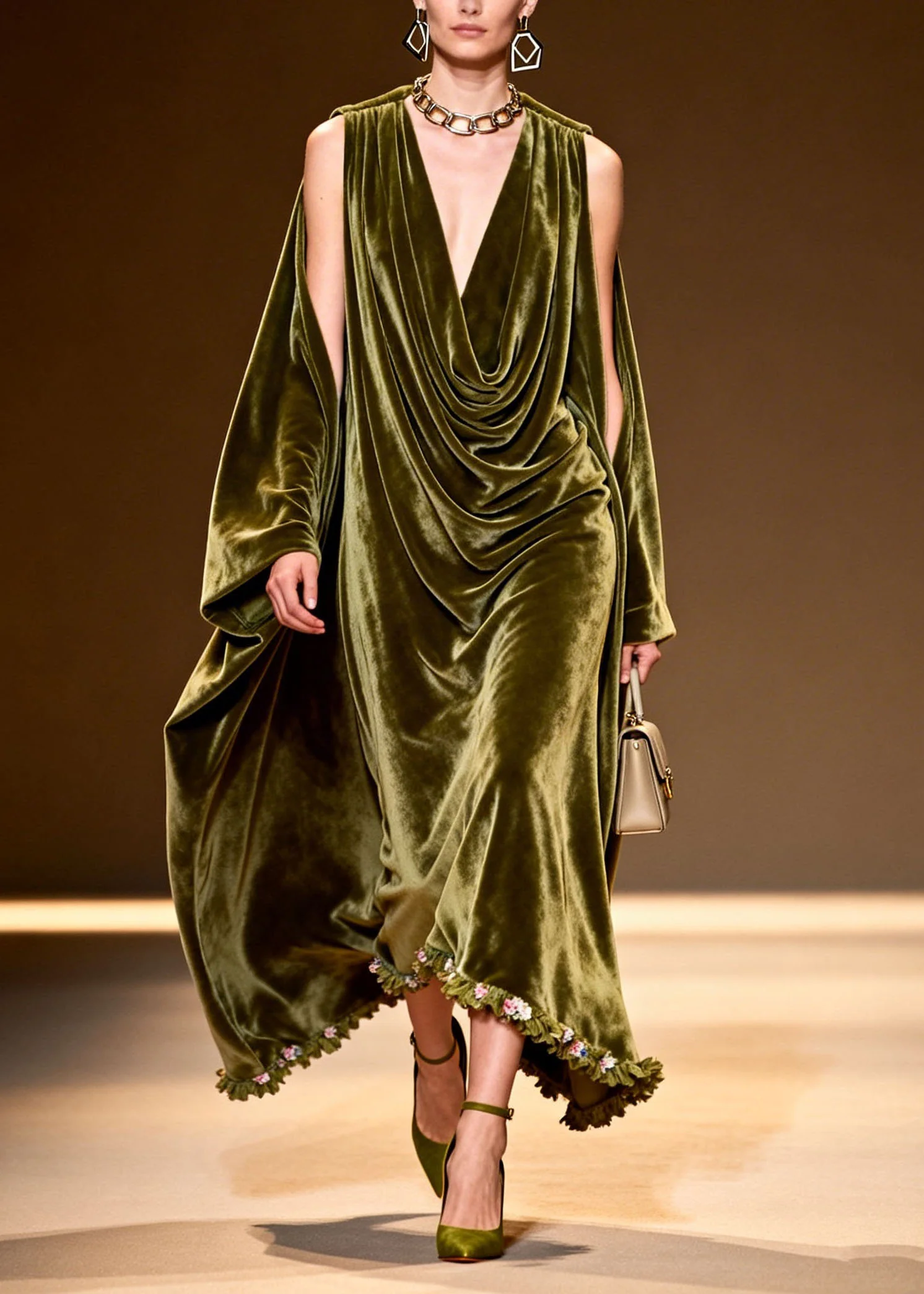 New Green Floral Patchwork Cold Shoulder Velvet Long Dress Fall - Image 3