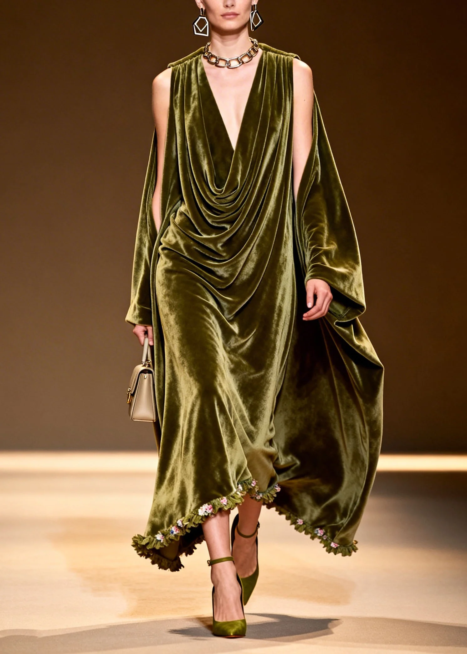 New Green Floral Patchwork Cold Shoulder Velvet Long Dress Fall - Image 5