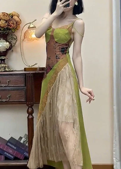 New Green Lace Patchwork Spaghetti Strap Dress Sleeveless - Image 3