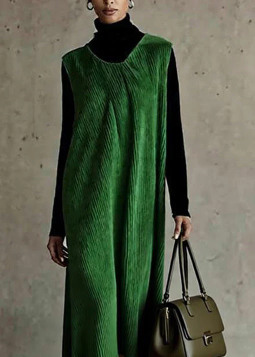 New Green O Neck Corduroy Dress Sleeveless - Image 2