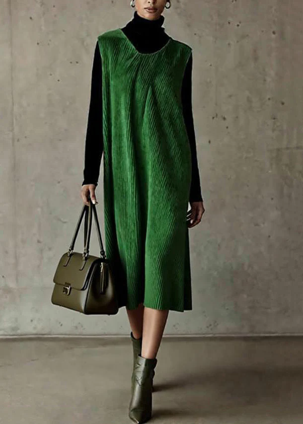 New Green O Neck Corduroy Dress Sleeveless - Image 3