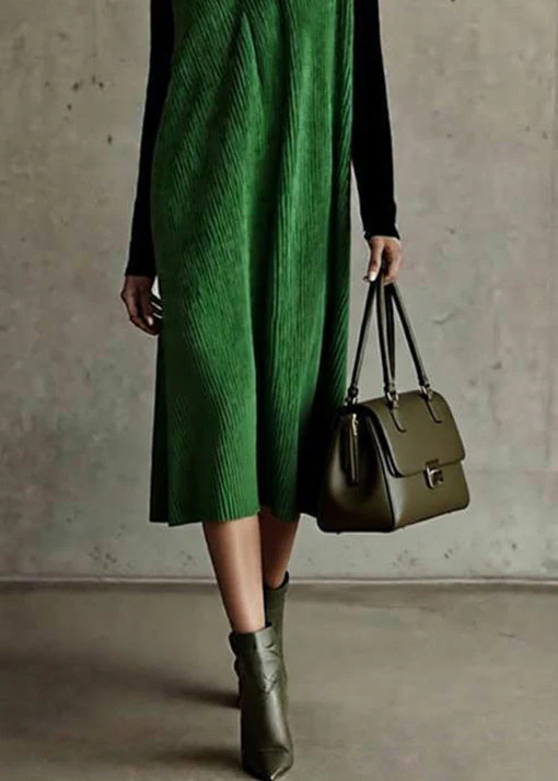 New Green O Neck Corduroy Dress Sleeveless - Image 4