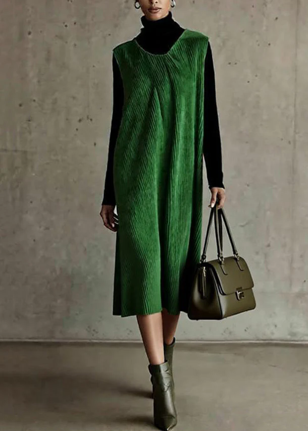 New Green O Neck Corduroy Dress Sleeveless - Image 5